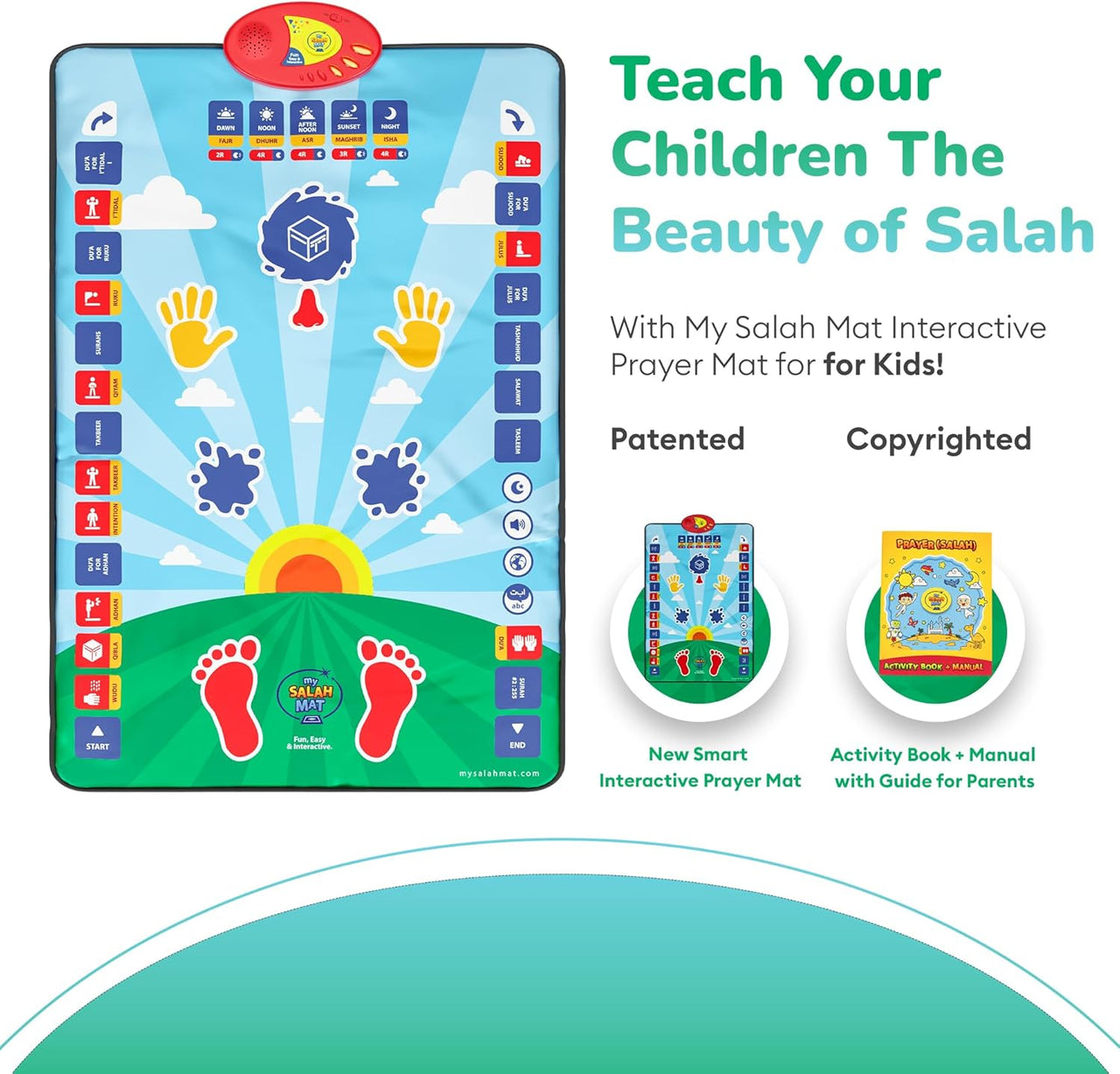 My Salah Mat for Kids - Smart interactive Prayer Mat for learning Salah, Surah, Wudu and Duas - Islamic prayer mat with 10 languages, Salah Translation, 25 Touch Keys and padded mat for Kids 3+ (Blue)