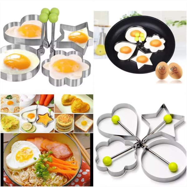 Pack of 4 New Mold Style Fried Egg & Pancake Shapers | Stainless Steel Egg Molds – Star, Heart, Round & Flower