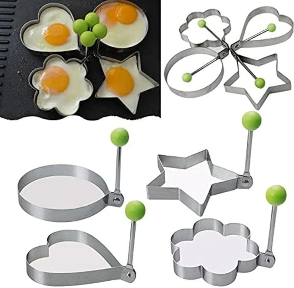 Pack of 4 New Mold Style Fried Egg & Pancake Shapers | Stainless Steel Egg Molds – Star, Heart, Round & Flower