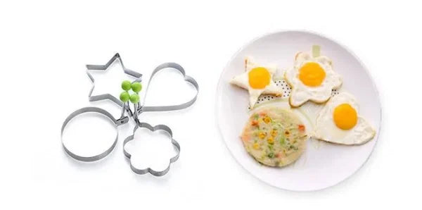 Pack of 4 New Mold Style Fried Egg & Pancake Shapers | Stainless Steel Egg Molds – Star, Heart, Round & Flower